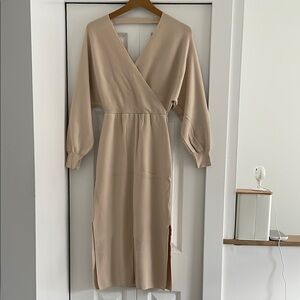 Amazon Tan Sheath Dress with Bishop Sleeves